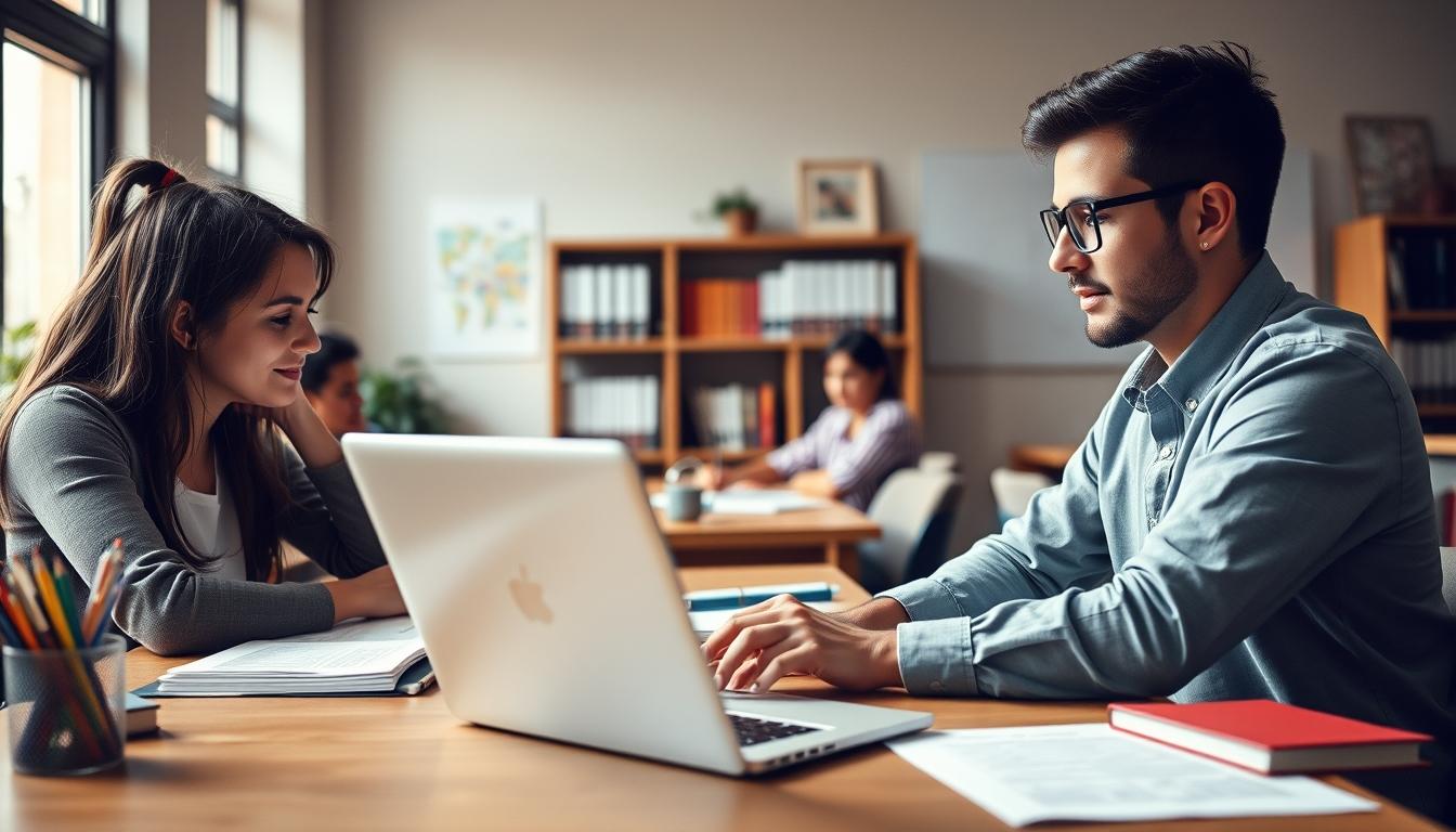 Students studying together in modern classroom